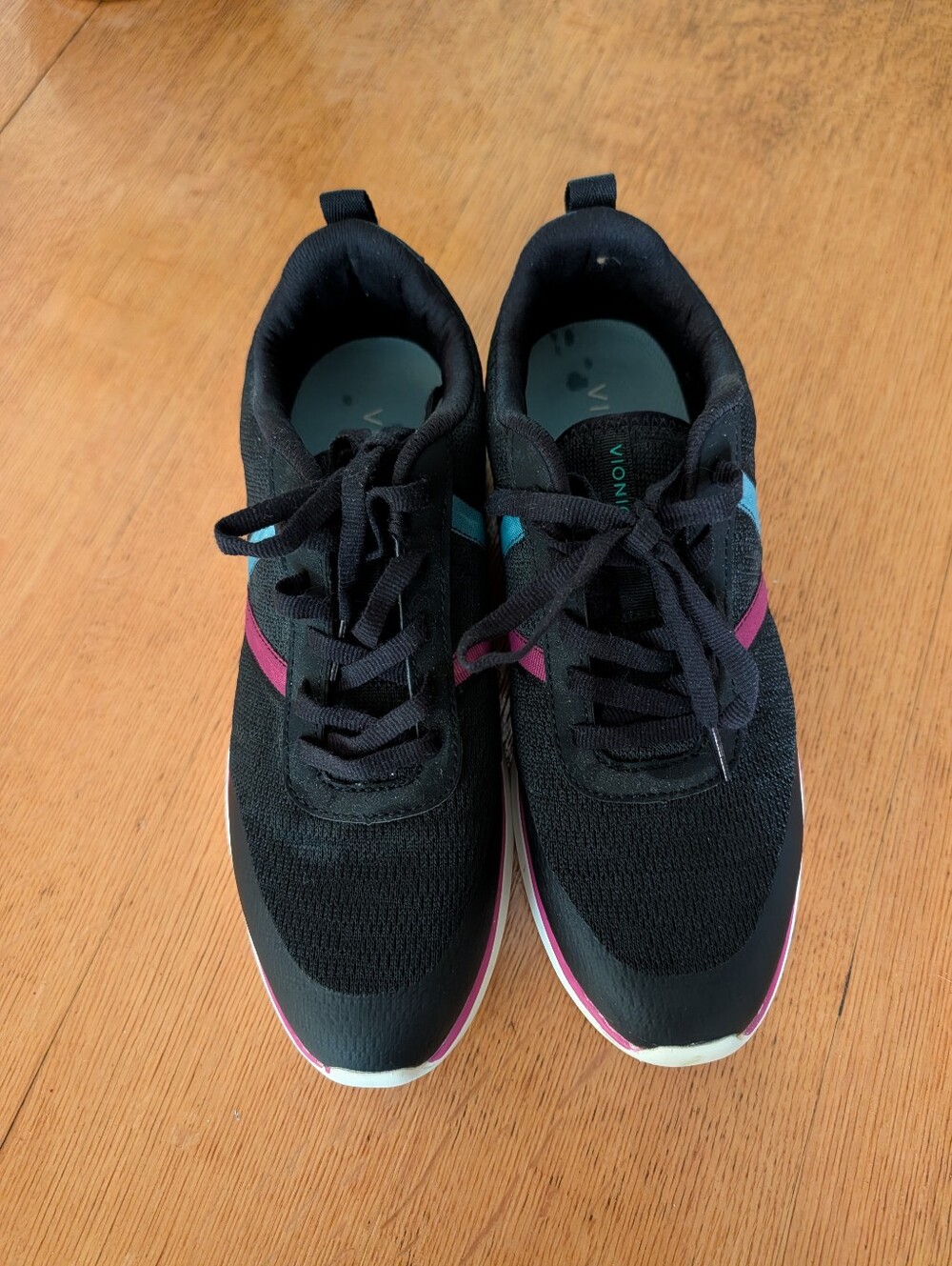 Vionic Women's Black Knit Lace-Up Sneakers with Pink & Teal Accents